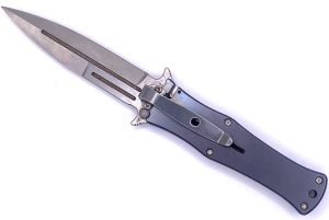 Darel Ralph Madd Maxx 4 assisted opening dagger with anodized blue titanium frame and stonewashed blade